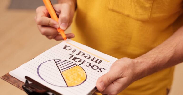 Person draws a social media pie chart on clipboard with orange marker.